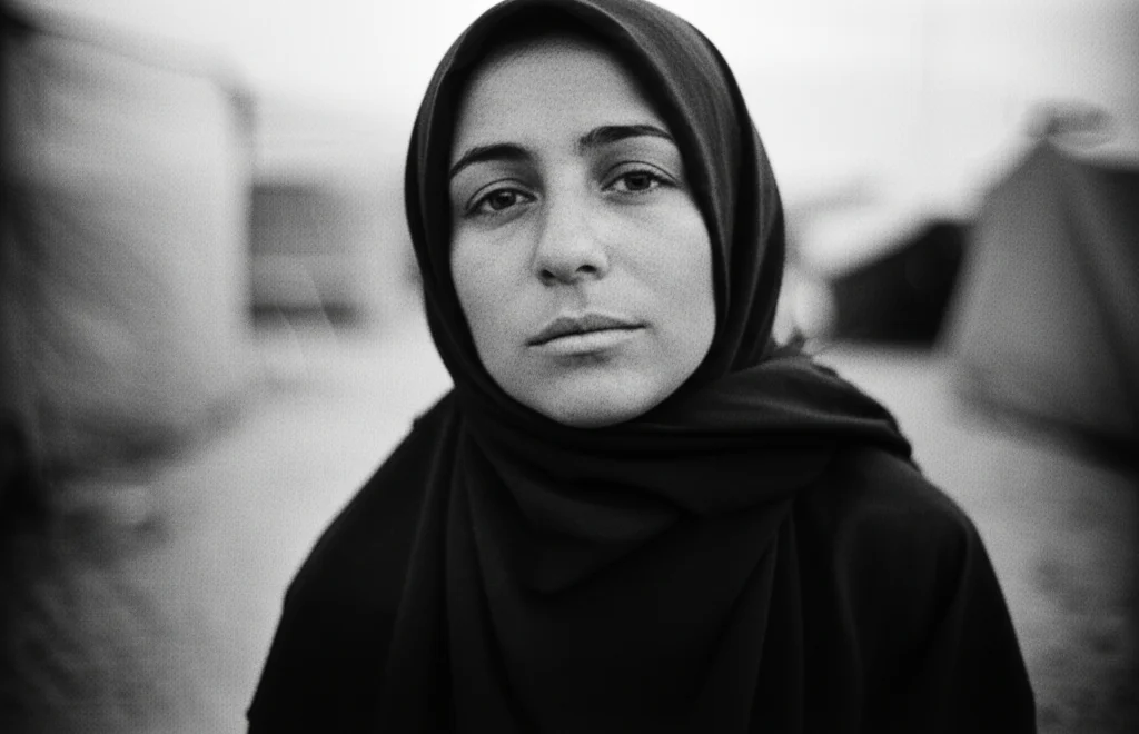 Ritratto fotografico intenso di una donna siriana rifugiata, obiettivo da 35mm, bianco e nero stile film noir, con profondità di campo che enfatizza la sua espressione resiliente, sullo sfondo sfocato delle tende e caravan del campo di Zaatari.