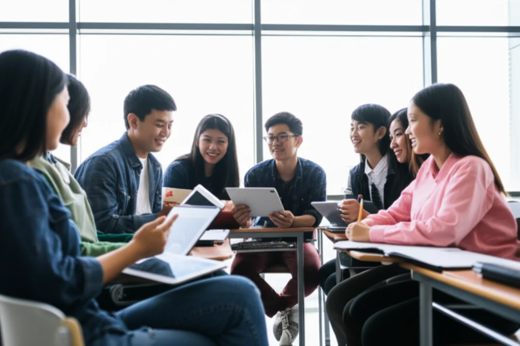Un gruppo eterogeneo di adolescenti cinesi, maschi e femmine, sono seduti in cerchio in un ambiente scolastico moderno e luminoso, discutendo animatamente e sorridendo. Alcuni hanno dei tablet, altri dei quaderni aperti. L'atmosfera è collaborativa e positiva. Portrait photography, prime lens 35mm, depth of field, luce naturale che filtra da ampie finestre.