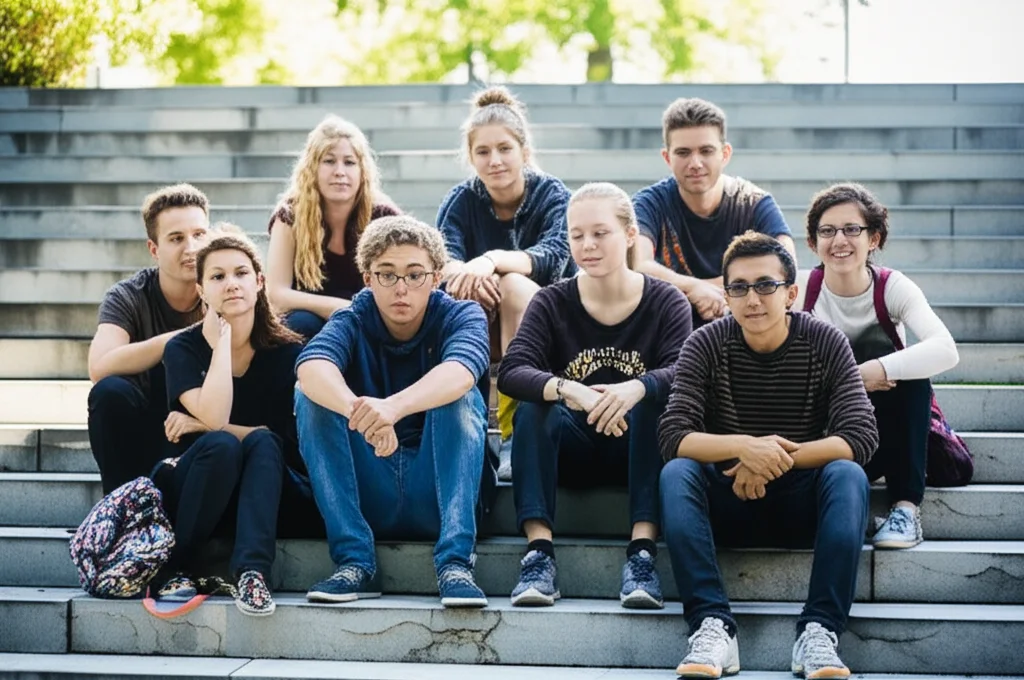 Foto panoramica grandangolare (18mm) di un gruppo eterogeneo di giovani neozelandesi (età mista 16-25) seduti su gradini all'aperto in un campus o parco urbano, alcuni interagiscono tra loro in piccoli gruppi, altri guardano lontano con espressioni miste (pensierose, stanche, connesse ma preoccupate), luce naturale diffusa del giorno, messa a fuoco nitida sul gruppo in primo piano, sfondo leggermente sfocato per enfatizzare i soggetti.