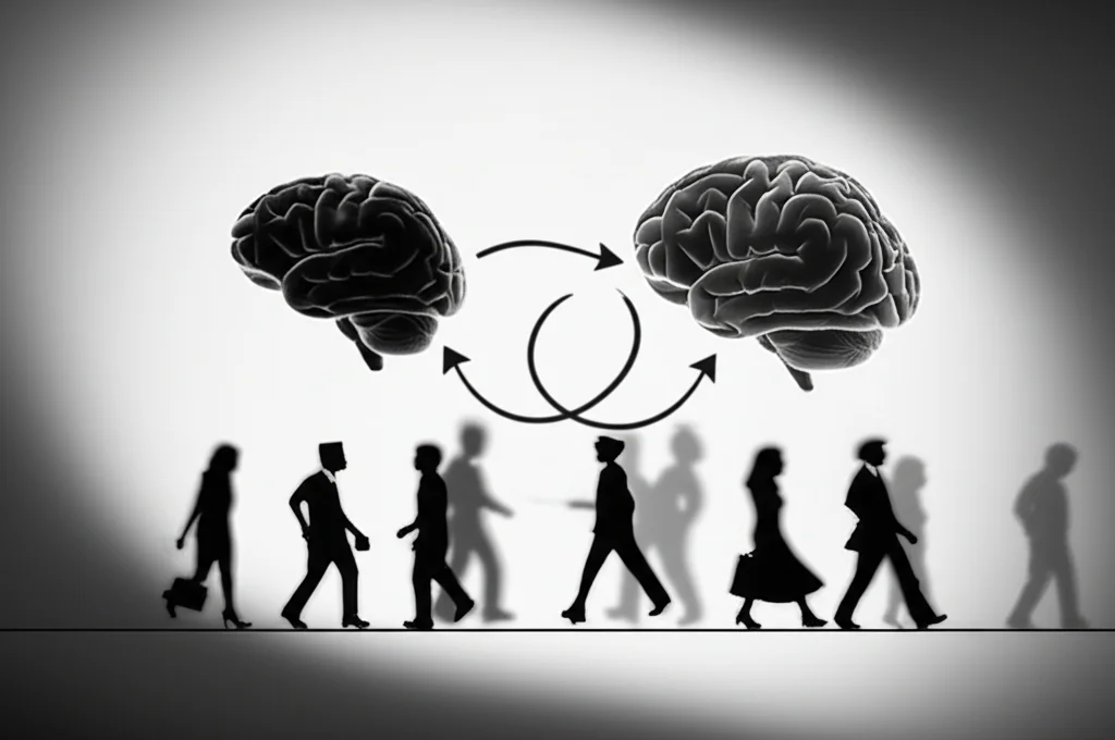 Immagine concettuale che mostra una bilancia da un lato e un cervello stilizzato dall'altro, collegati da una freccia a doppia direzione che simboleggia l'interazione. Sullo sfondo, una linea temporale con silhouette che cambiano forma. Prime lens, 35mm, film noir, depth of field, per rappresentare il legame tra BMI, depressione e mortalità.