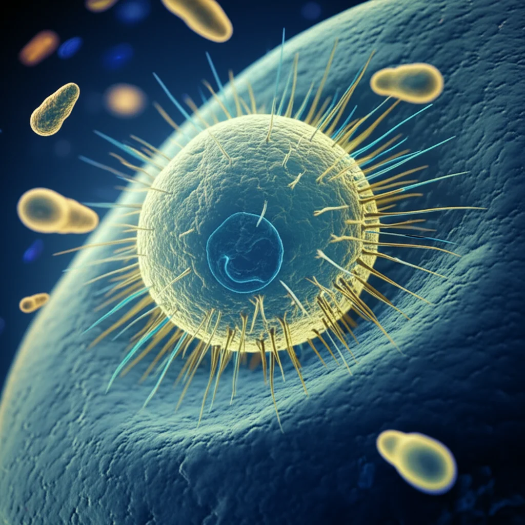 Immagine concettuale di un parassita Toxoplasma gondii stilizzato, con un focus sulla pompa proteica SERCA nel suo reticolo endoplasmatico, circondata da ioni calcio e molecole lipidiche. Prime lens, 35mm, depth of field, duotone blu e giallo, illuminazione drammatica per evidenziare la pompa come bersaglio farmacologico.