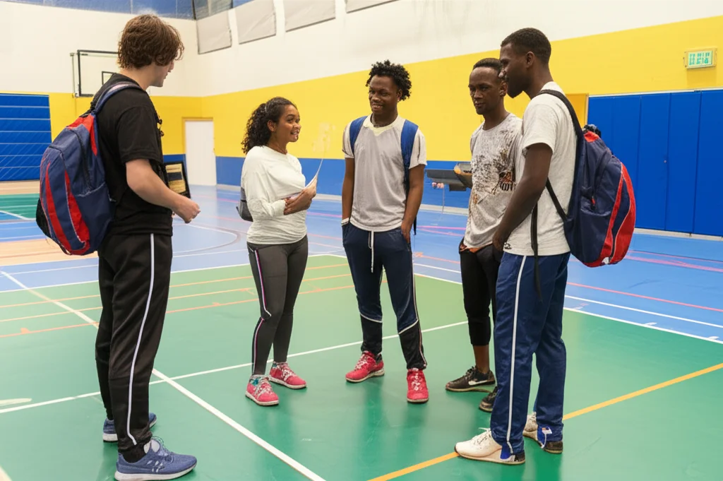 Immagine di copertina che mostra un gruppo diversificato di studenti delle scuole secondarie che collaborano attivamente con il loro insegnante di educazione fisica in una palestra moderna e ben illuminata. Alcuni studenti stanno suggerendo idee, altri aiutano a montare attrezzature. L'insegnante ascolta attentamente. Obiettivo prime 35mm, profondità di campo, colori vivaci, atmosfera energica e positiva.