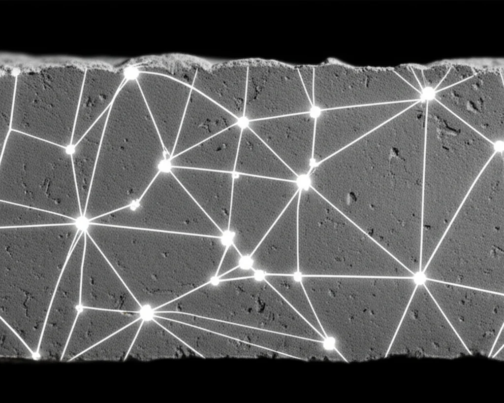 Immagine fotorealistica di un campione di calcestruzzo moderno sezionato, illuminato per mostrare la microstruttura densa con particelle nano e micro, accanto a una visualizzazione digitale astratta di una rete neurale, simboleggiando l'unione tra scienza dei materiali e intelligenza artificiale. Lente macro 90mm, illuminazione da studio ad alto contrasto.