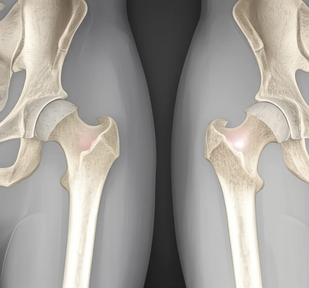 Immagine fotorealistica di un'articolazione dell'anca umana sana a confronto con una affetta da necrosi avascolare della testa femorale (NATF) allo stadio iniziale (ARCO II), con evidenza della zona necrotica. Illuminazione da studio medico, focus sui dettagli ossei, obiettivo prime 35mm, profondità di campo.
