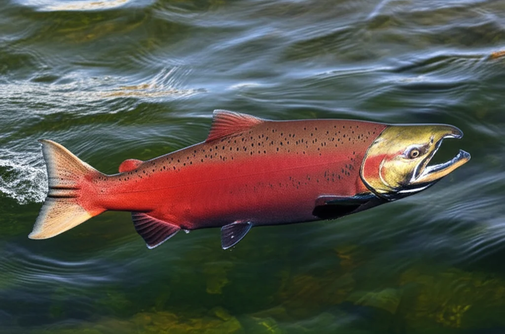 Un magnifico esemplare di Salmone Coho (Oncorhynchus kisutch) che salta fuori dall'acqua cristallina di un fiume, catturato con un teleobiettivo zoom 100-400mm, alta velocità dell'otturatore per congelare l'azione, con goccioline d'acqua sospese a mezz'aria, luce naturale del tardo pomeriggio che ne esalta i colori argentei e rosati. L'immagine simboleggia la vitalità e la salute del salmone, temi centrali dell'articolo sull'importanza del rame nella sua dieta.