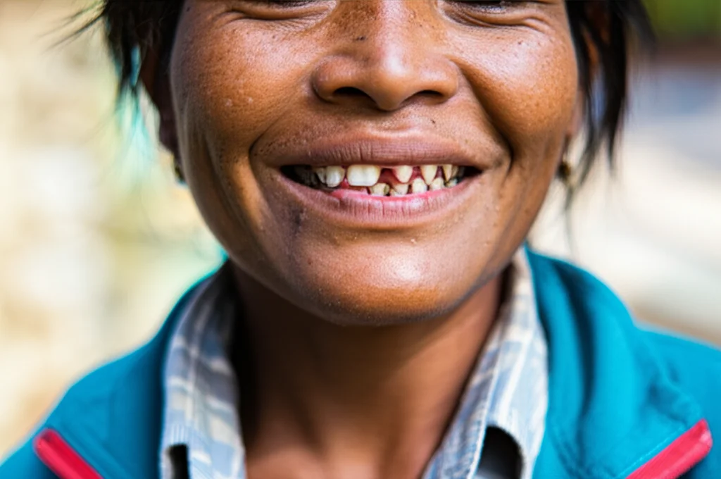 Un primo piano intenso di un sorriso con evidenti problemi dentali, appartenente a una persona adulta in un contesto rurale nepalese come Jiri. Fotografia ritratto, obiettivo 50mm, profondità di campo che sfoca leggermente lo sfondo montuoso, luce naturale che evidenzia le difficoltà ma anche la resilienza.