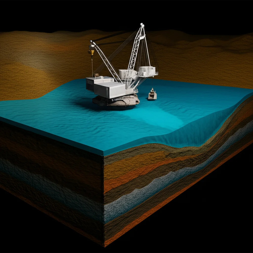 Una visualizzazione 3D generata al computer che mostra un'area di un bacino idrico con sotto strati geologici e un'operazione di estrazione mineraria coordinata, illuminata per evidenziare le zone di sicurezza. Obiettivo grandangolare, 18mm, messa a fuoco nitida, illuminazione controllata per enfatizzare i dettagli tecnici e la profondità.