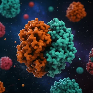 Visualizzazione artistica di una rete neurale sovrapposta a strutture molecolari di farmaci e recettori GPCR, simboleggiando l'uso dell'IA per scoprire interazioni. Colori vibranti, high detail, depth of field, 35mm prime lens.