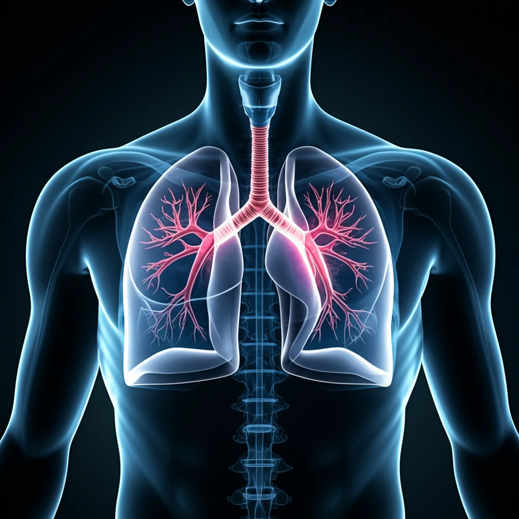 Visualizzazione astratta di dati scientifici che si collegano a una rappresentazione stilizzata dei polmoni, simboleggiando la ricerca sulla salute respiratoria. Obiettivo macro 60mm, illuminazione da studio, alta definizione dei dettagli grafici.