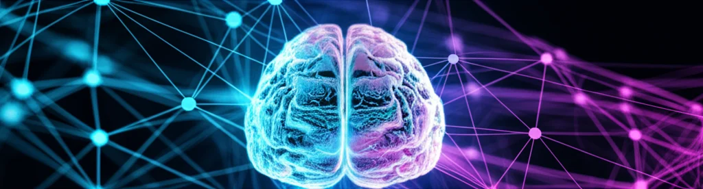 Visualizzazione astratta di un cervello umano stilizzato con onde cerebrali colorate che si trasformano in nodi di una rete neurale complessa, interconnessi da linee luminose che rappresentano flussi di dati testuali e audio. L'immagine dovrebbe trasmettere l'idea di analisi emotiva e ragionamento contestuale. Obiettivo prime 35mm, con profondità di campo che mette a fuoco il cervello e sfoca leggermente i nodi più distanti, duotono ciano e magenta per un look futuristico.