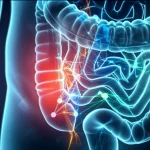 Visualizzazione astratta e high-tech dell'analisi radiomica di una scansione medica dell'intestino, con pattern di dati digitali sovrapposti all'immagine anatomica. Lente macro da 100mm, illuminazione drammatica e controllata per evidenziare la fusione tra biologia e tecnologia.