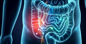 Visualizzazione astratta e high-tech dell'analisi radiomica di una scansione medica dell'intestino, con pattern di dati digitali sovrapposti all'immagine anatomica. Lente macro da 100mm, illuminazione drammatica e controllata per evidenziare la fusione tra biologia e tecnologia.