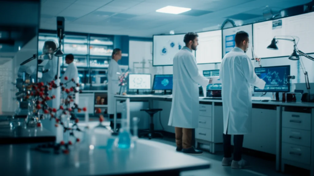 Wide-angle, 10-24mm, sharp focus, a modern, brightly lit laboratory setting. Scientists in white lab coats are seen analyzing data on large, glowing computer screens. In the foreground, molecular models and advanced research equipment are visible, symbolizing the meticulous work of pharmacovigilance and drug safety research.