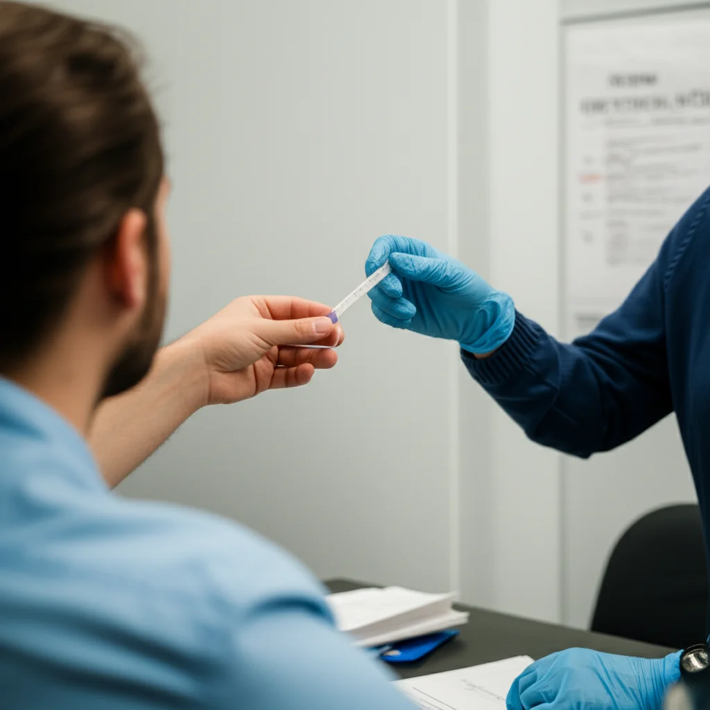 A person receiving fentanyl test strips from a healthcare worker at a harm reduction clinic in Sydney, Australia. 35mm portrait, depth of field.