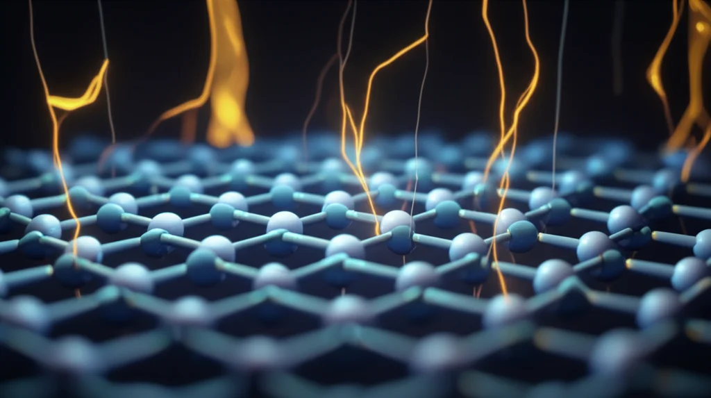 Immagine concettuale di molecole di CO2 catturate da una struttura molecolare innovativa elettrificata, con scintille di energia che simboleggiano il processo elettrochimico, sfondo scuro per far risaltare i dettagli luminosi, obiettivo macro 100mm, alta definizione, illuminazione drammatica.