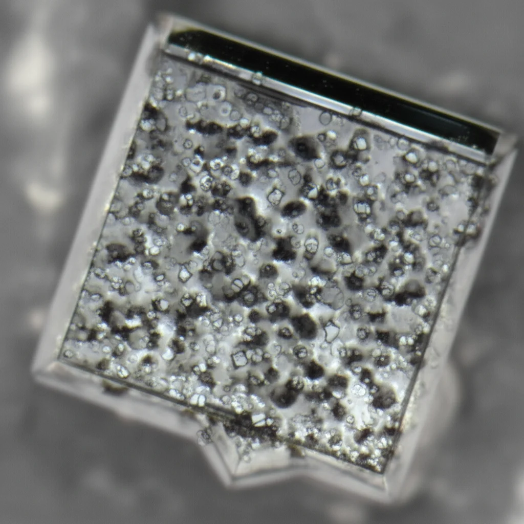 Immagine macro ad alto dettaglio di un cristallo di Nitruro di Alluminio (AlN) semi-polare cresciuto su un substrato di silicio con orientamento specifico (Si(320)), illuminazione da studio controllata per evidenziare le sfaccettature cristalline, obiettivo macro 100mm, focus preciso sulla superficie dell'interfaccia.