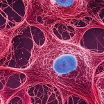 Microscopic view of cancer-associated fibroblasts (CAFs) interacting with tumor cells, macro lens, 105mm, high detail, precise focusing, controlled lighting, illustrating the tumor microenvironment relevant to immunotherapy prediction.
