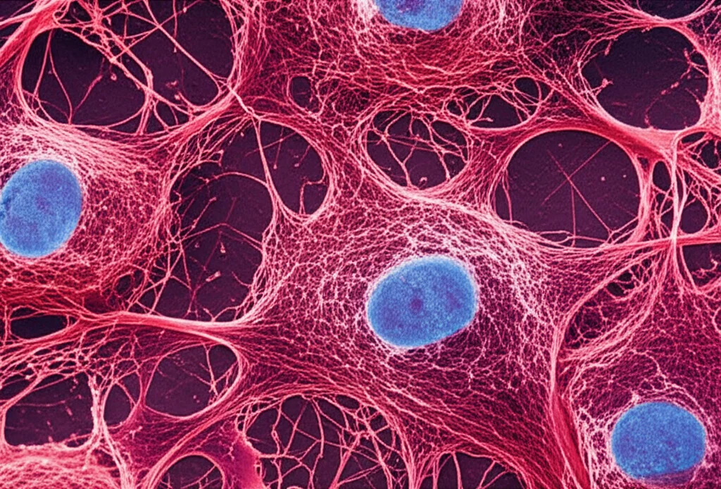 Microscopic view of cancer-associated fibroblasts (CAFs) interacting with tumor cells, macro lens, 105mm, high detail, precise focusing, controlled lighting, illustrating the tumor microenvironment relevant to immunotherapy prediction.