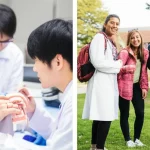 Montaggio fotografico che mostra da un lato studenti di medicina cinesi in camice bianco che esaminano un modello dentale, e dall'altro studenti non medici sorridenti in un campus universitario. Obiettivo prime 50mm, colori vivaci, profondità di campo media.