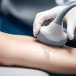 Photorealistic image showing an ultrasound probe on a person's elbow, with a visible layer of gel, macro lens, 60mm, precise focusing, controlled lighting.
