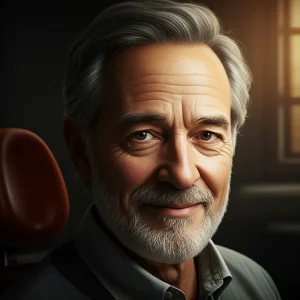 Photorealistic portrait, older patient smiling comfortably after dental treatment, 35mm portrait, depth of field, warm lighting.