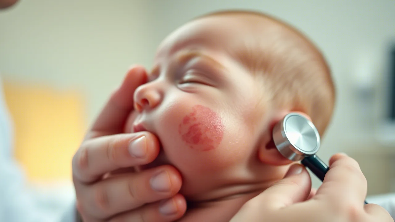 Primo piano di un neonato con un emangioma infantile sulla guancia, mentre un medico pediatra cardiologo ascolta il cuore con uno stetoscopio in un ambiente clinico sereno. Prime lens, 35mm, depth of field, luce naturale morbida.