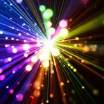 Un'immagine concettuale astratta che mostra flussi di fotoni di diversi colori che si mescolano e reagiscono all'interno di un sistema ottico complesso, evocando l'idea di una reazione chimica luminosa. Macro lens, 80mm, high detail, controlled lighting, sfocatura dello sfondo per enfatizzare i fotoni.