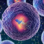 Visualizzazione 3D artistica e fotorealistica di una cellula di epatocarcinoma (HCC) sezionata, che mostra al suo interno la proteina RGS14 (evidenziata in colore acceso) mentre interagisce con altre molecole per attivare la via di segnalazione cAMP/PKA/CREB (rappresentata come un percorso luminoso che porta al nucleo). Sfondo astratto scientifico con elementi molecolari sfocati. Obiettivo prime 50mm, profondità di campo selettiva per focalizzare l'attenzione sulla cascata di segnali.