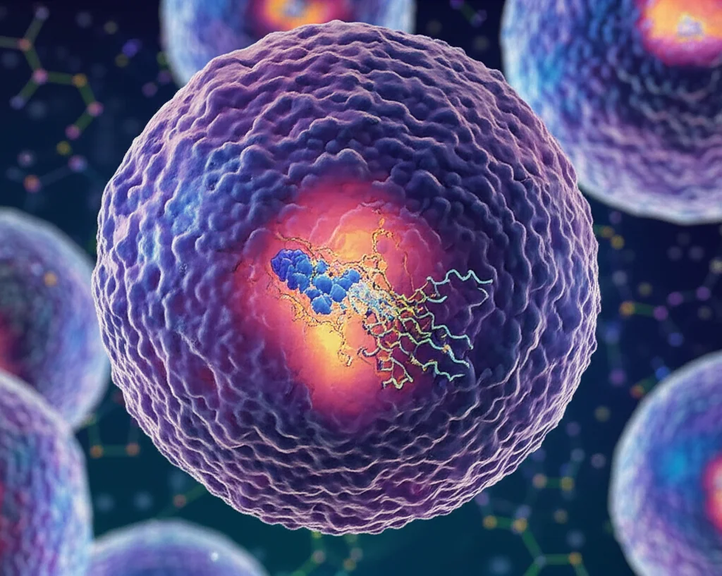 Visualizzazione 3D artistica e fotorealistica di una cellula di epatocarcinoma (HCC) sezionata, che mostra al suo interno la proteina RGS14 (evidenziata in colore acceso) mentre interagisce con altre molecole per attivare la via di segnalazione cAMP/PKA/CREB (rappresentata come un percorso luminoso che porta al nucleo). Sfondo astratto scientifico con elementi molecolari sfocati. Obiettivo prime 50mm, profondità di campo selettiva per focalizzare l'attenzione sulla cascata di segnali.