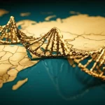 Visualizzazione artistica di un filamento di DNA dorato che si snoda su una mappa stilizzata dell'Eurasia, simboleggiando l'adattamento genetico del gene PPARD durante la migrazione umana 'Out of Africa', grandangolo 15mm, illuminazione drammatica, colori caldi e suggestivi.