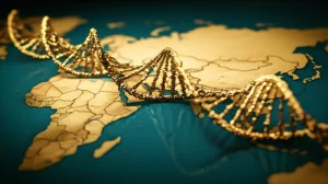 Visualizzazione artistica di un filamento di DNA dorato che si snoda su una mappa stilizzata dell'Eurasia, simboleggiando l'adattamento genetico del gene PPARD durante la migrazione umana 'Out of Africa', grandangolo 15mm, illuminazione drammatica, colori caldi e suggestivi.