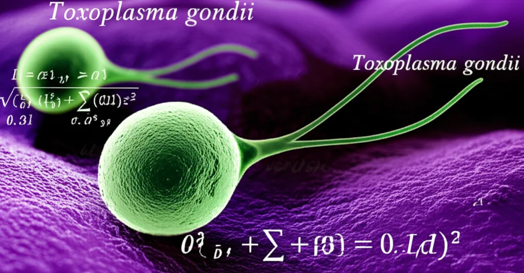 Artistic representation of Toxoplasma gondii parasites interacting with host cells, with mathematical equations subtly overlaid, macro lens, 80mm, high detail, controlled lighting, duotone green and purple, illustrating the theme of mathematical modeling of toxoplasmosis.