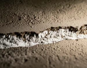 Close-up fotorealistico di una crepa in una superficie di calcestruzzo che viene visibilmente riparata da cristalli bianchi di carbonato di calcio che crescono al suo interno, suggerendo l'azione di batteri auto-riparanti. Illuminazione laterale drammatica, obiettivo macro 90mm, alta definizione, texture dettagliata del cemento e dei cristalli.