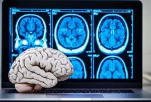 Fotografia macro di un modello cerebrale stampato in 3D molto dettagliato, appoggiato accanto a uno schermo che mostra un'immagine MRI del cervello, illuminazione controllata, obiettivo macro 100mm, alta definizione, messa a fuoco precisa.