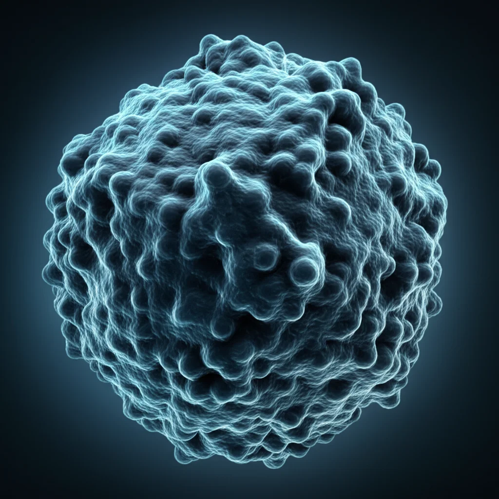 Illustrazione concettuale fotorealistica di un vaccino multi-epitopo progettato al computer che neutralizza batteri Fusobacterium necrophorum, sfondo high-tech blu e grigio duotone, obiettivo 35mm, depth of field.