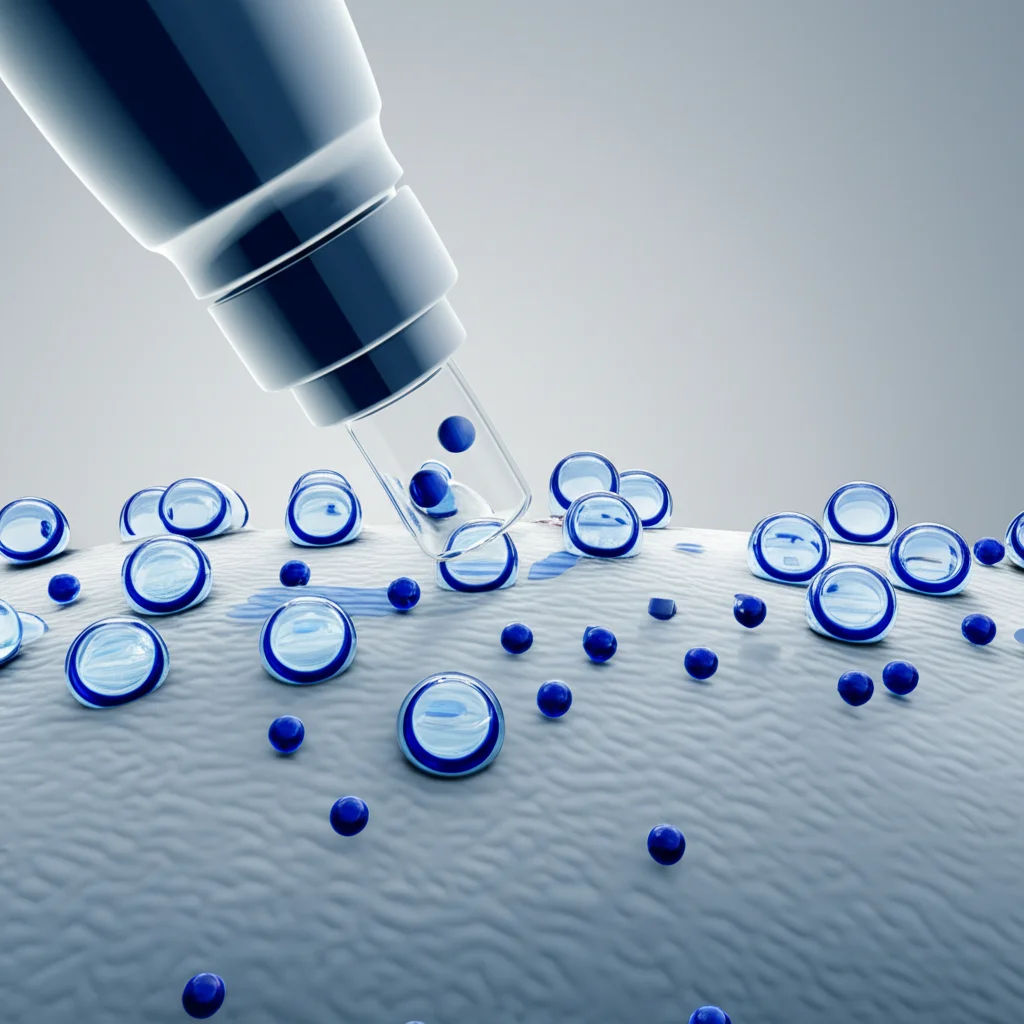 Immagine concettuale di microbolle di perfluoropropano che si diffondono in un piano fasciale visualizzate tramite ecografia 2D, con un ago che inietta il farmaco. Macro lens, 60mm, high detail, precise focusing, controlled lighting, duotone blu e grigio per evidenziare l'aspetto tecnologico e medico.