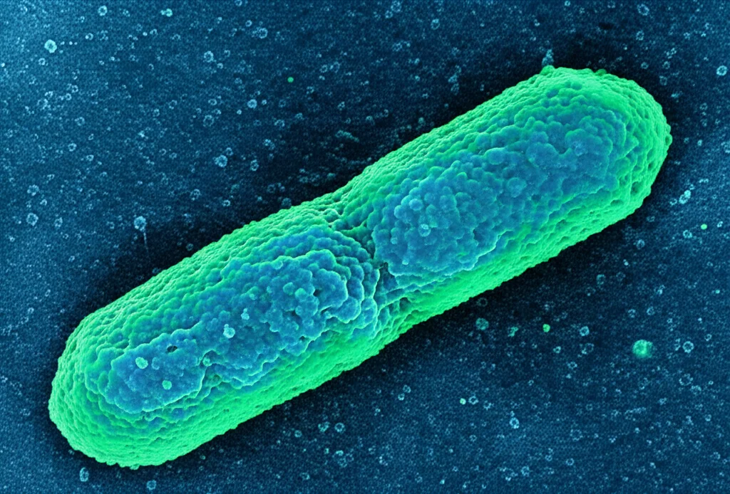 Immagine fotorealistica al microscopio elettronico di batteri Streptococcus suis, con un focus su una proteina trasportatrice di metionina (MetQ) sulla superficie cellulare, resa con tecnica macro, 105mm, alta definizione, illuminazione controllata per evidenziare i dettagli strutturali della proteina e della membrana batterica.