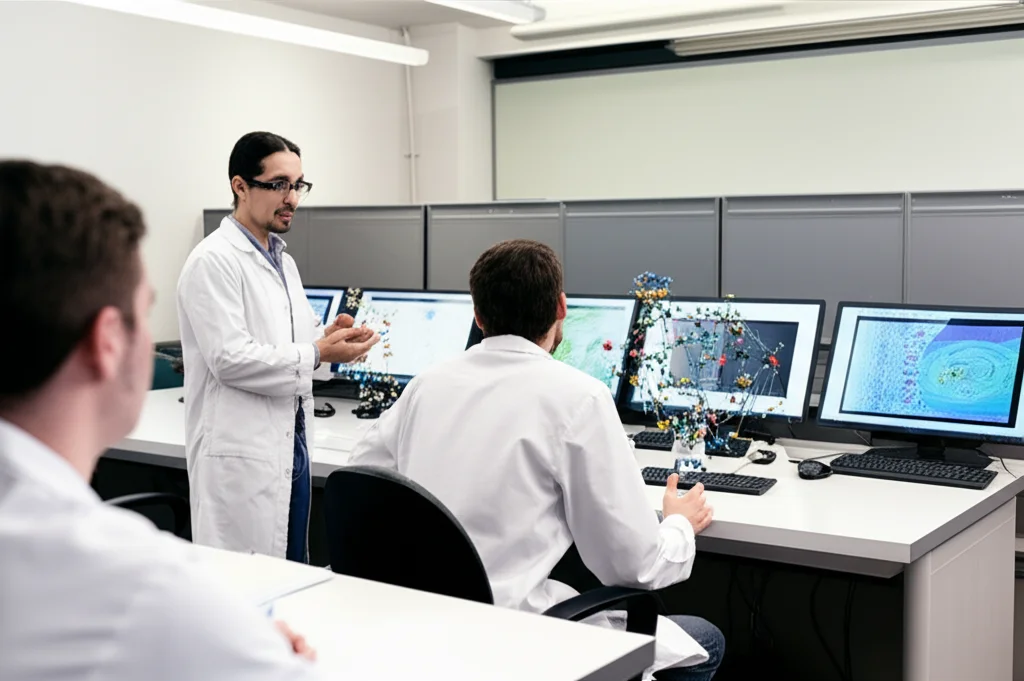 Immagine fotorealistica di studenti universitari di farmacia in un'aula moderna e luminosa, uno studente in primo piano che discute animatamente con un professore vicino a modelli molecolari tridimensionali e schermi interattivi, simboleggiando l'apprendimento attivo e la percezione positiva della farmacologia. Obiettivo zoom 24-35mm, profondità di campo per mantenere a fuoco sia gli studenti che l'ambiente circostante, illuminazione naturale valorizzata.
