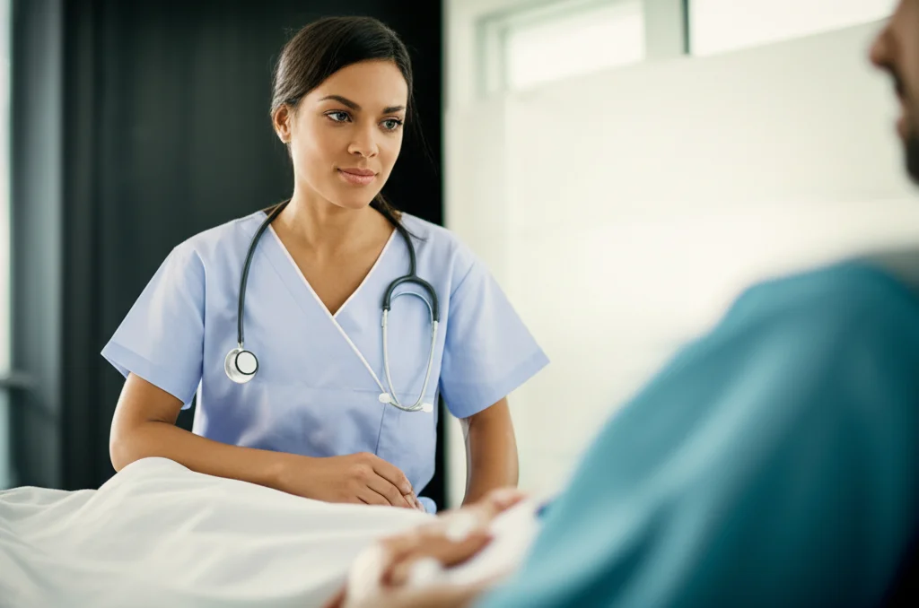 Immagine fotorealistica di un'infermiera in terapia intensiva che parla con calore e professionalità a un paziente anestetizzato. L'infermiera indossa una divisa chiara, l'ambiente è moderno e luminoso. L'espressione dell'infermiera è rassicurante. Obiettivo da ritratto 50mm, luce soffusa, colori naturali con un leggero desaturato per un tocco di realismo clinico, profondità di campo che sfoca leggermente lo sfondo per concentrarsi sull'interazione.