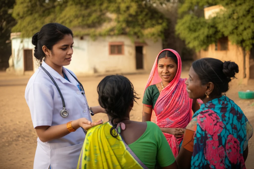 Immagine fotorealistica di un'operatrice sanitaria di comunità indiana che interagisce con membri della comunità in un villaggio rurale. La scena cattura sia la dedizione dell'operatrice sia la diversità della comunità. Obiettivo prime 50mm, luce naturale del mattino, colori caldi, profondità di campo che mette a fuoco l'interazione principale.
