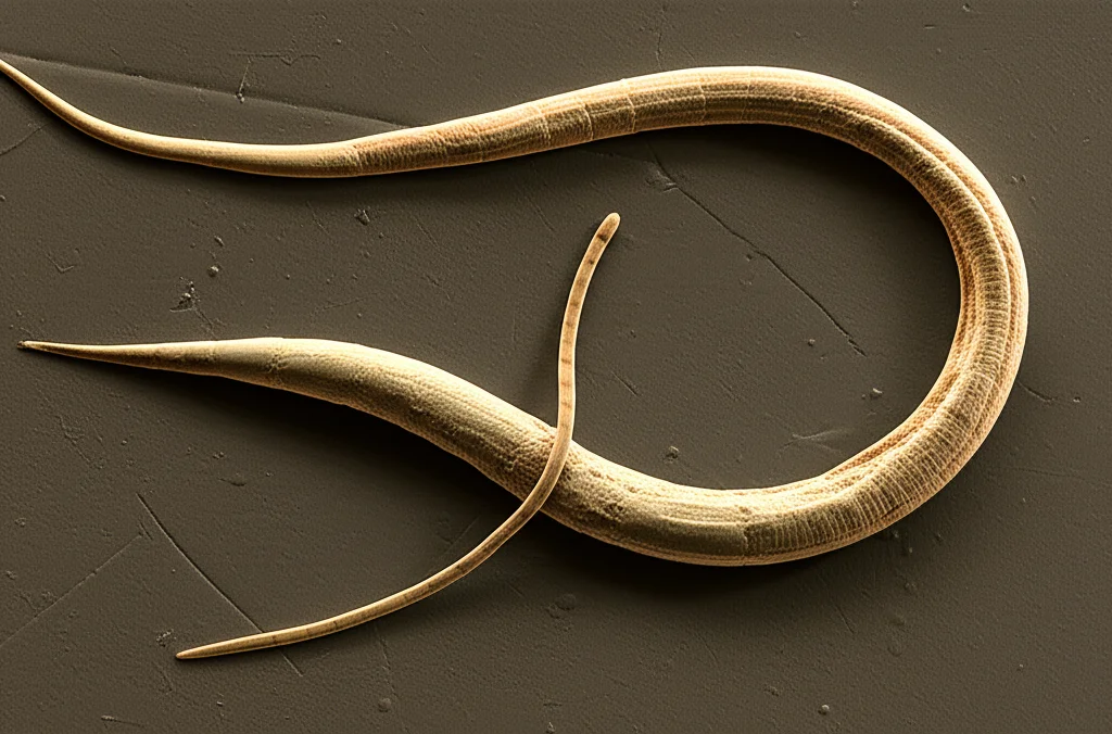 Immagine macro fotorealistica del nematode Oxyspirura mansoni, il verme dell'occhio di pollo, con dettagli nitidi della sua struttura filiforme su sfondo scuro, illuminazione da laboratorio controllata laterale per evidenziare la texture, obiettivo macro 105mm, alta definizione.