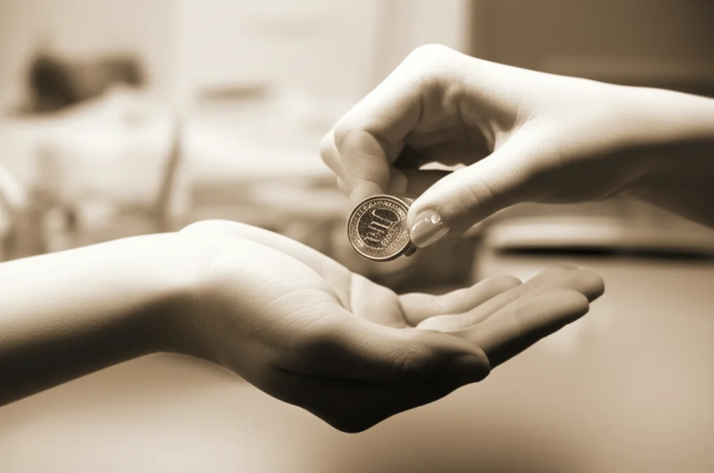 Immagine simbolica del divario salariale di genere: due mani, una maschile e una femminile, che tengono monete di valore diverso su uno sfondo sfocato di un ufficio del Nord Italia. Macro lens 100mm, high detail, controlled lighting, duotone seppia e grigio per un effetto serio ma speranzoso.