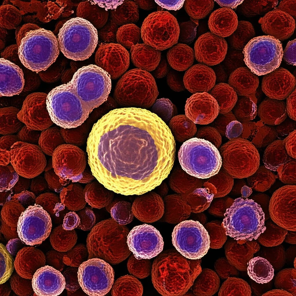 Microscopic view of aggressive glioma cells with surrounding immune cells, macro lens, high detail, precise focusing, controlled lighting, illustrating the tumor microenvironment.