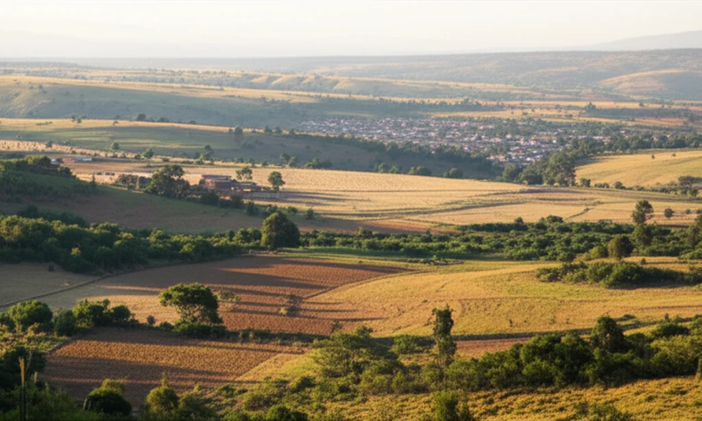 Paesaggio della regione Amhara, Etiopia nord-occidentale, vista grandangolare 15mm, luce del tardo pomeriggio, focus nitido, che mostra un misto di aree rurali e un piccolo centro abitato in lontananza, suggerendo la vita quotidiana e il contesto dello studio sull'HIV.