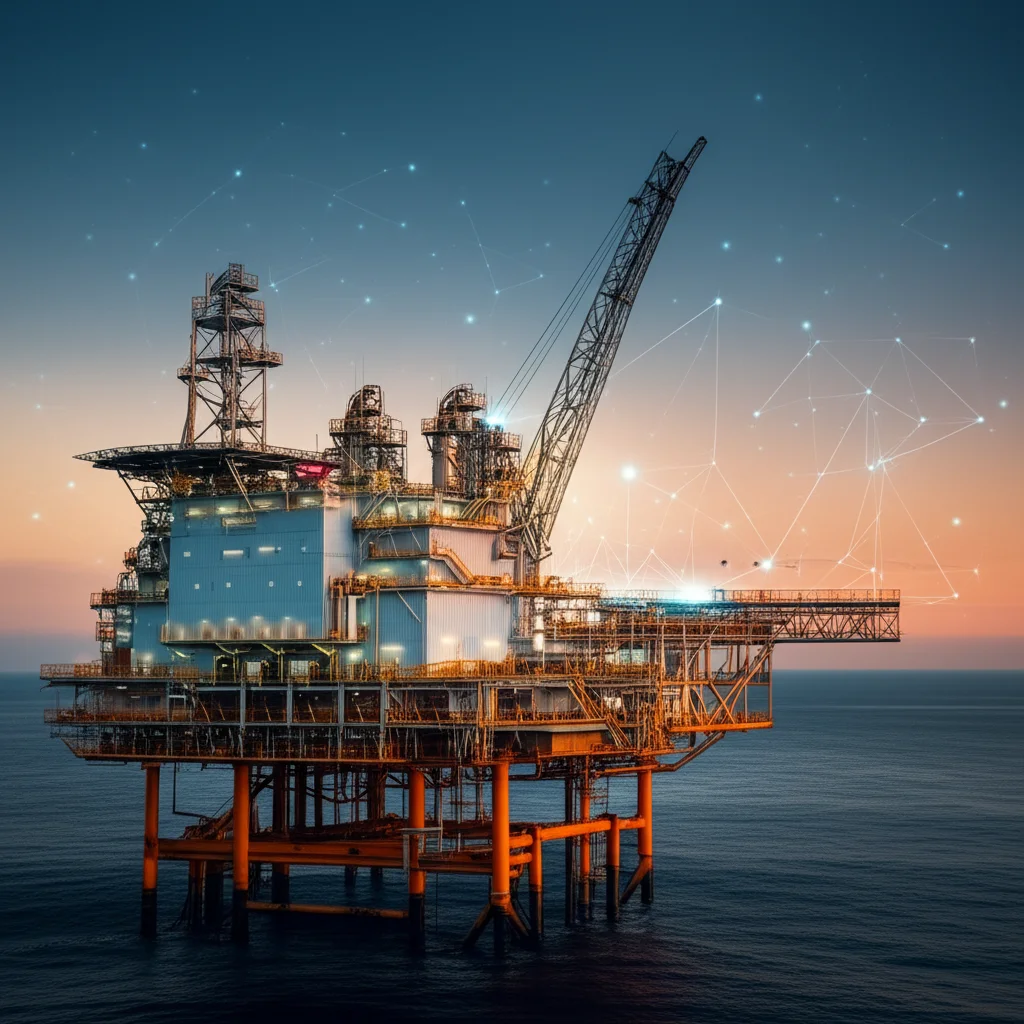 Piattaforma petrolifera offshore al tramonto, con sovrapposte linee astratte e luminose che rappresentano una rete neurale AI, suggerendo l'integrazione tra industria tradizionale e tecnologia avanzata. Telephoto zoom 200mm, sharp focus sulla piattaforma, effetto bokeh sullo sfondo, grafica AI sovrapposta in modo artistico.