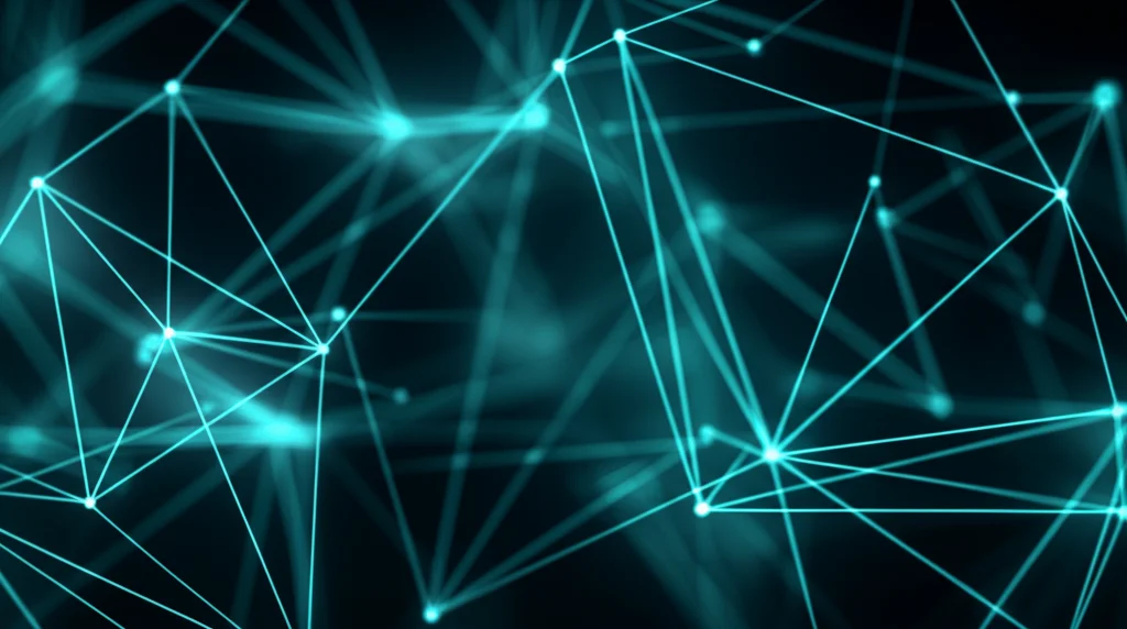 Rappresentazione astratta e fotorealistica di una struttura reticolare matematica, con nodi luminosi interconnessi da linee che suggeriscono ordine e complessità su uno sfondo scuro. Utilizzo di un obiettivo grandangolare 10-24mm per dare un senso di vastità, messa a fuoco nitida sui dettagli della struttura, illuminazione controllata per enfatizzare le connessioni, leggera profondità di campo.