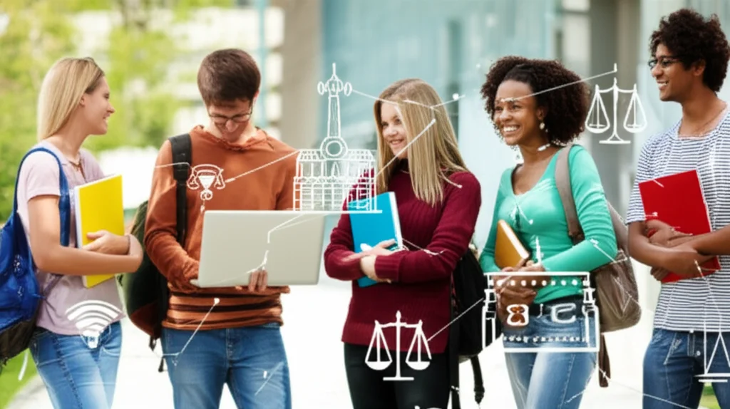 Studenti internazionali sorridenti con libri e laptop in un campus universitario moderno e multiculturale, con simboli stilizzati di tecnologia (circuiti, onde Wi-Fi) e leadership (edifici governativi stilizzati, una bilancia della giustizia) discretamente integrati nello sfondo. Obiettivo prime, 35mm, profondità di campo, colori vivaci e accoglienti, luce naturale.