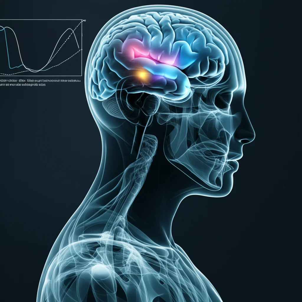 Un cervello umano stilizzato con aree illuminate che rappresentano le connessioni neurali coinvolte nella deglutizione e le possibili lesioni da ictus, con un grafico di predizione sovrapposto. Prime lens, 35mm, depth of field, duotone blu e grigio, per simboleggiare la complessità della disfagia post-ictus e la speranza della predizione.