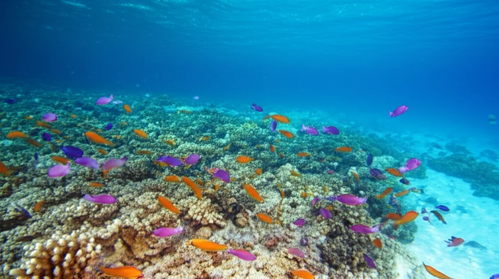 Un raggio di sole penetra la superficie dell'oceano, dividendosi in sfumature di blu e verde mentre illumina il fondale marino ricco di coralli e pesci colorati, fotografia subacquea grandangolare 15mm, messa a fuoco nitida, acqua cristallina, effetto raggi di luce, colori vividi.