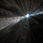 Visualizzazione astratta e fotorealistica di uno spazio dei moduli matematico complesso con bordi definiti, che simboleggia il concetto di bordificazione. Obiettivo grandangolare, 10mm, lunga esposizione per enfatizzare la vastità e la struttura interconnessa, con alcune aree più luminose che rappresentano i 'confini' aggiunti.